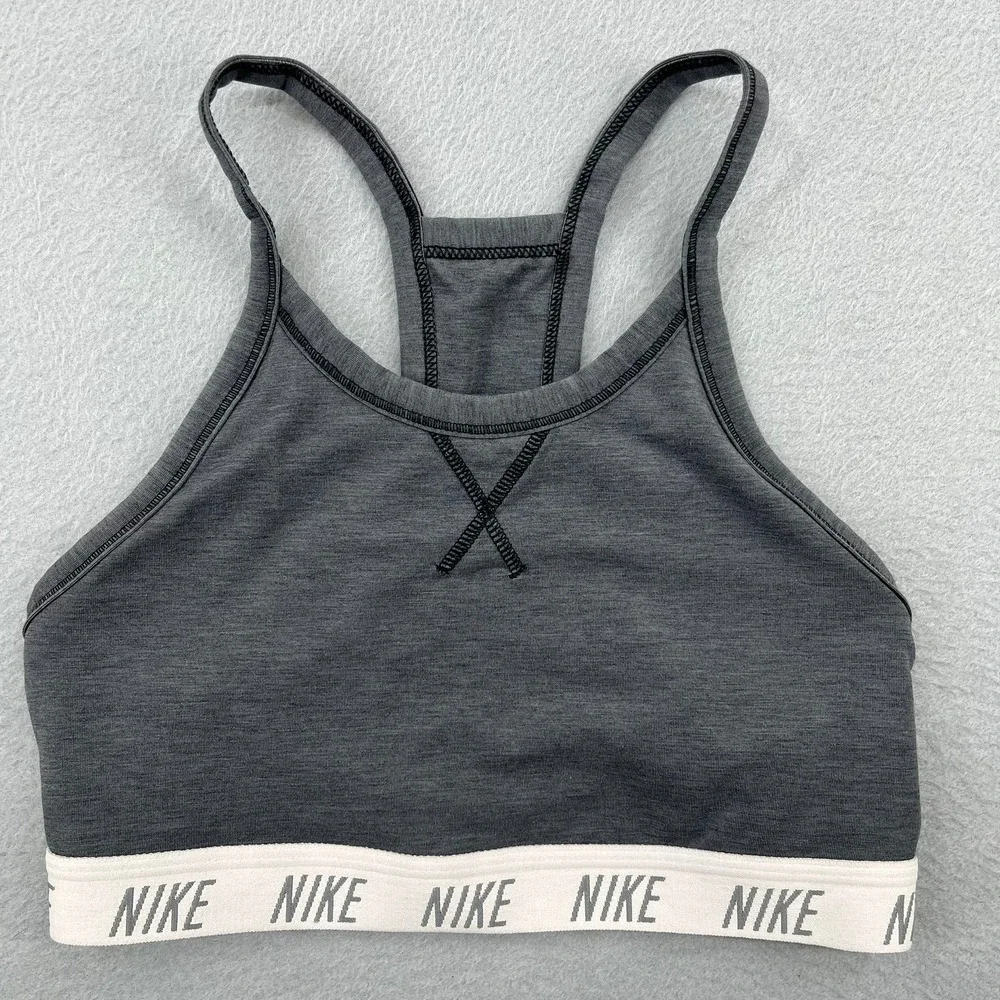 Nike Womens Racerback Sports Bra Heather Charcoal Grey Logo Band Small